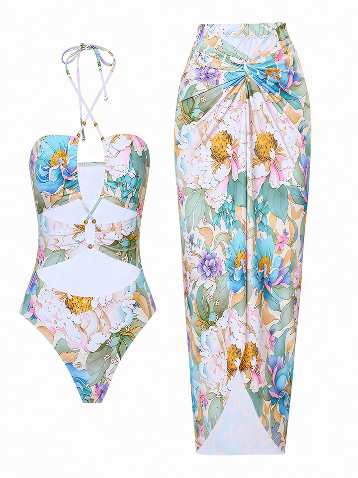 Floral Print Knotted Tie Side Skirt