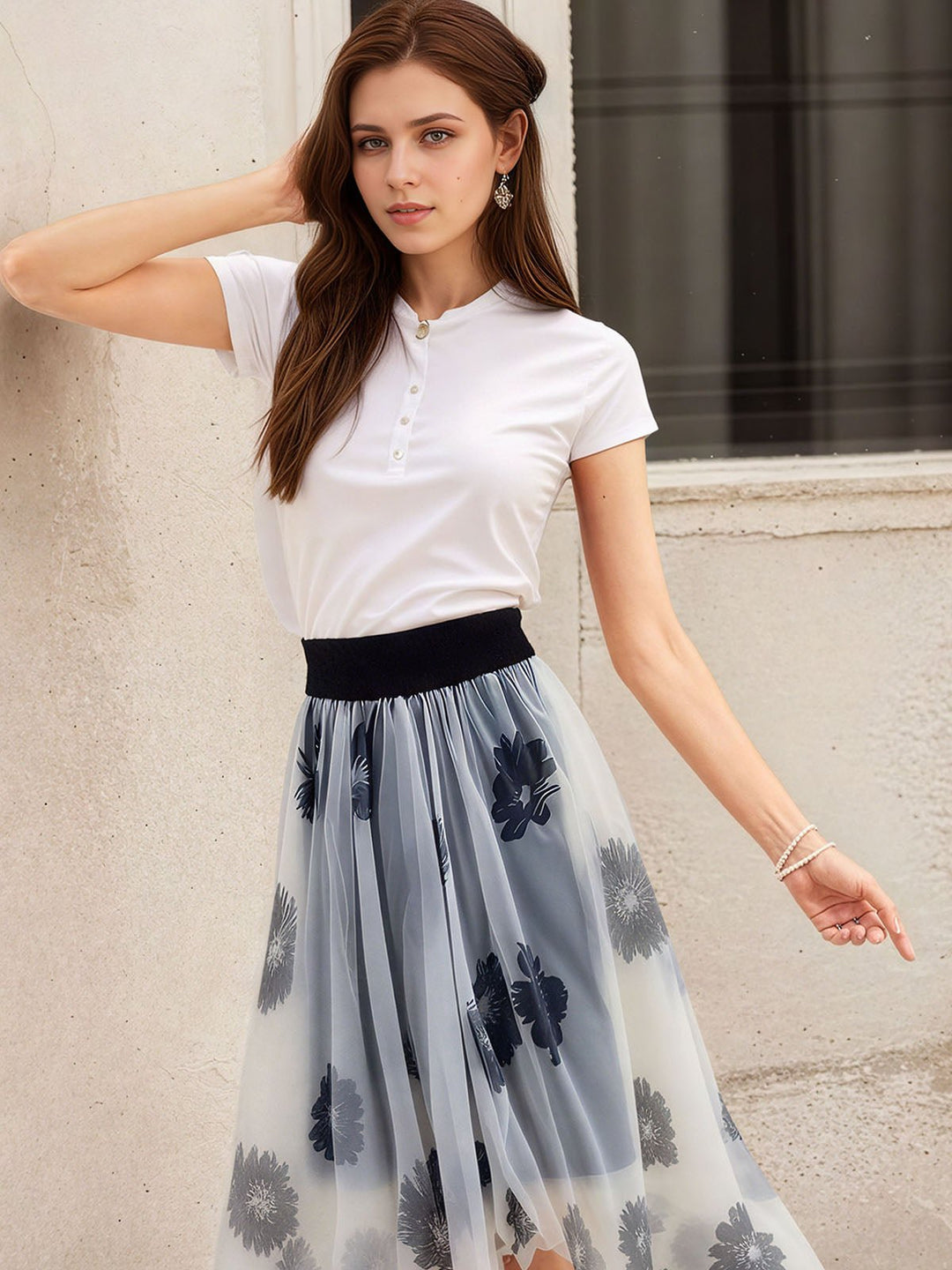 Floral Print Organza Midi Skirt
