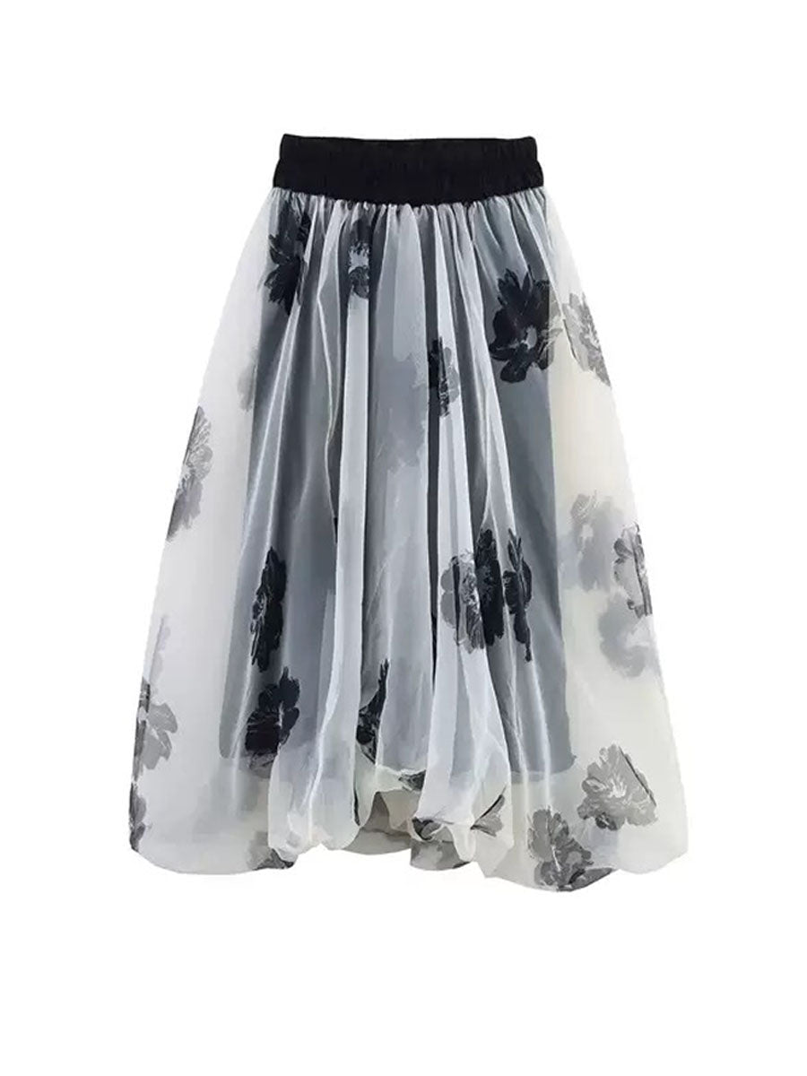 Floral Print Organza Midi Skirt