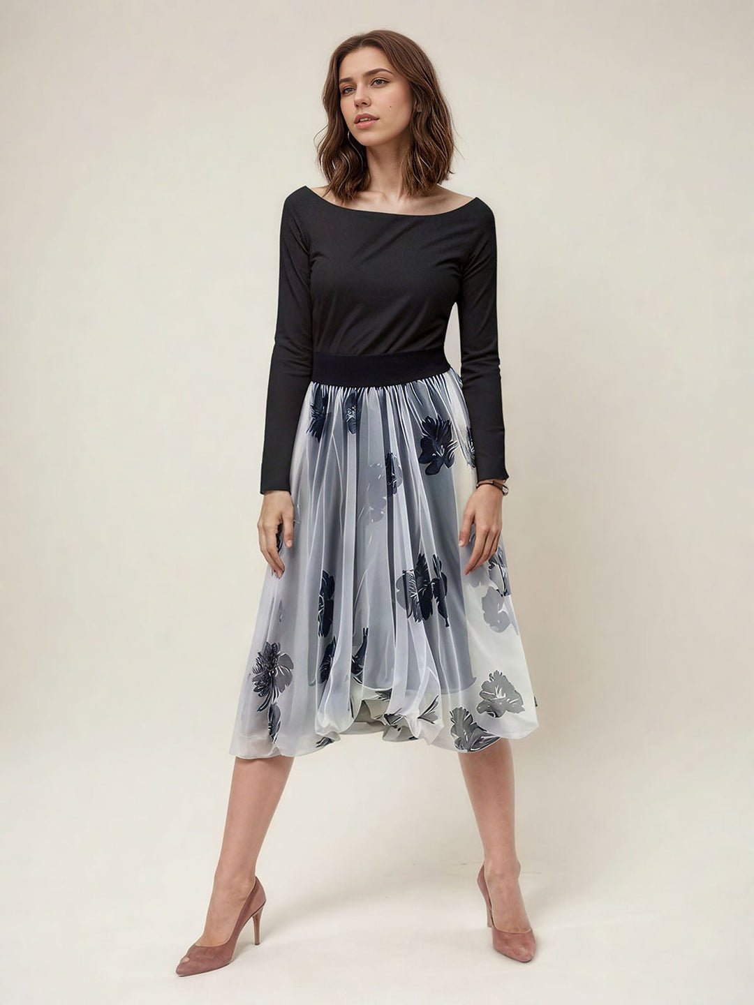 Floral Print Organza Midi Skirt
