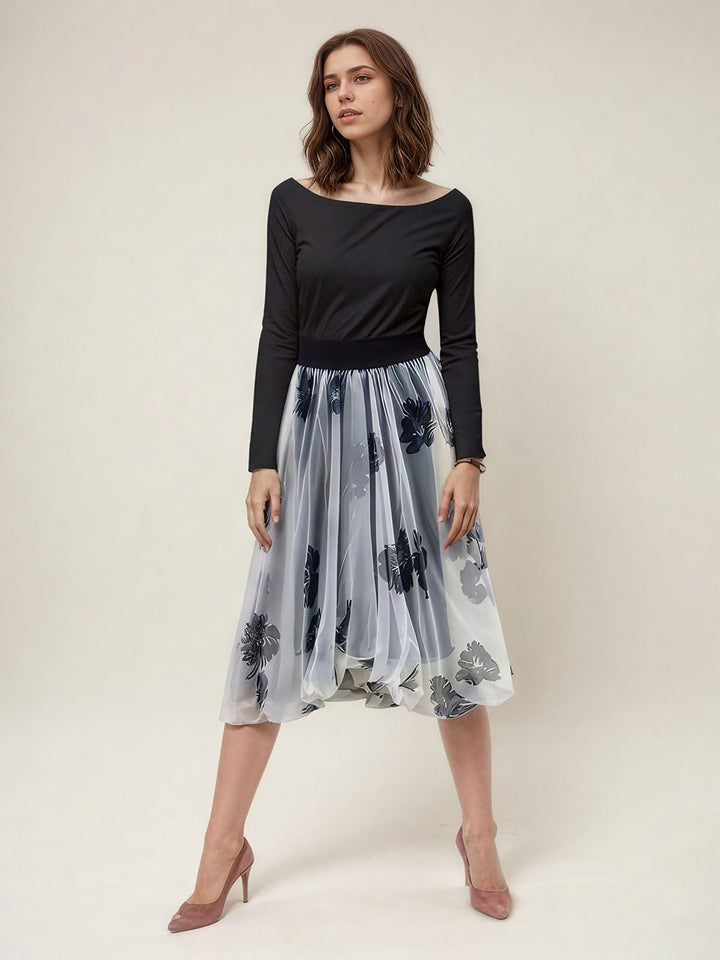 Floral Print Organza Midi Skirt