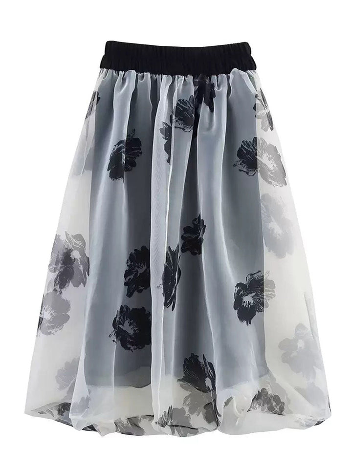 Floral Print Organza Midi Skirt