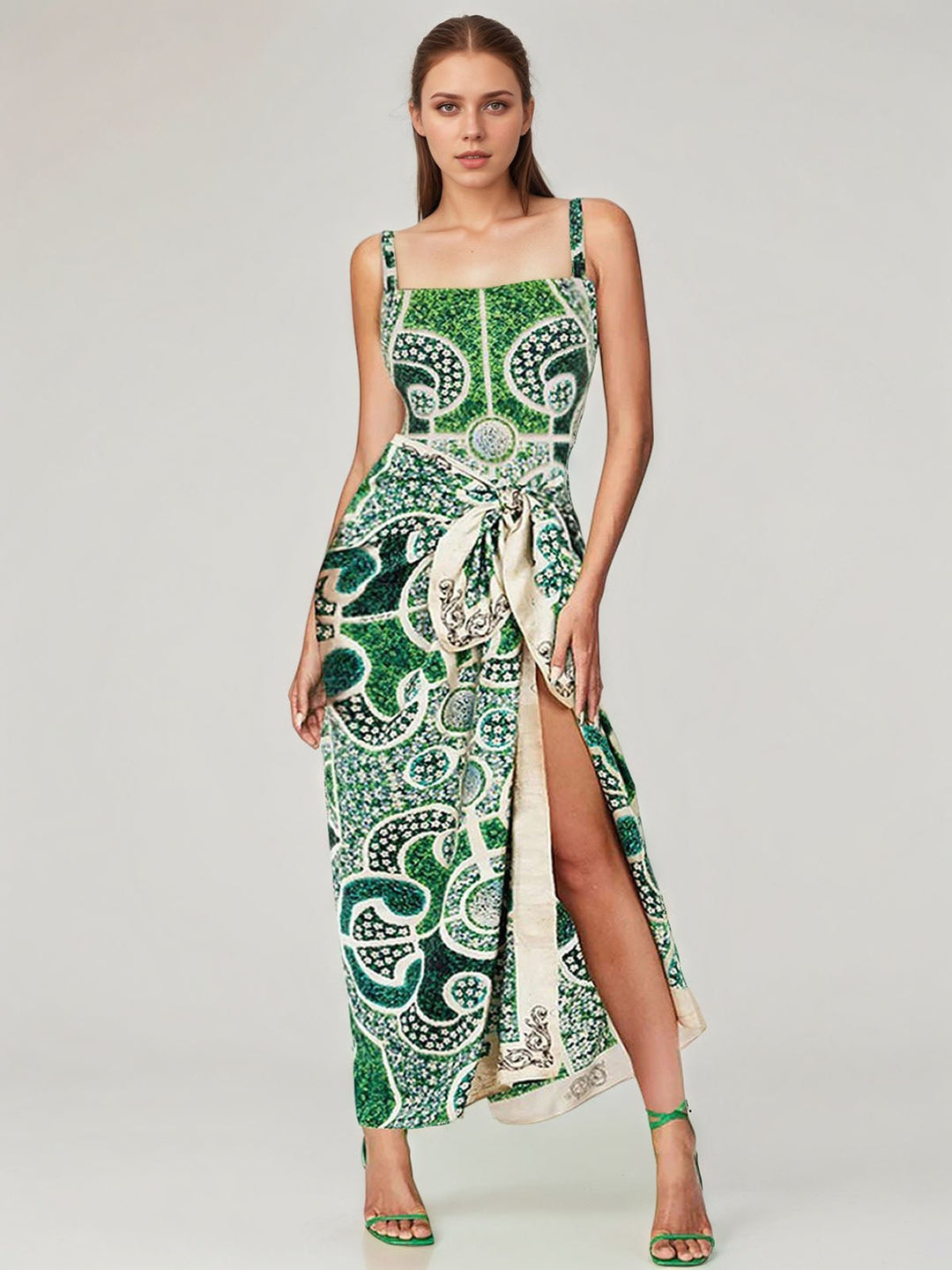 Floral Print Panel Tie-Waist Mesh Cover-Up