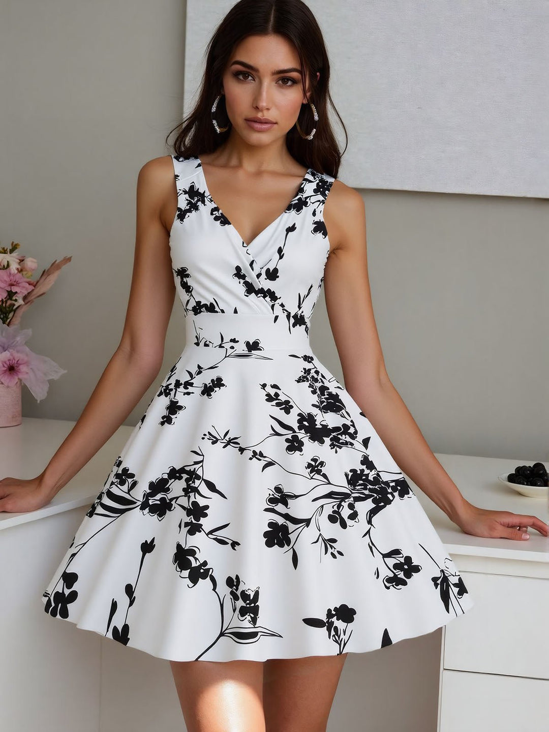 Floral Print Pleated Ruffle Dress
