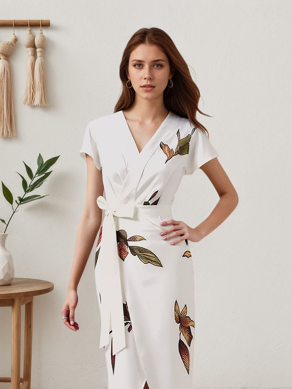 Fresh Leaves Print Short Sleeve Dress HONEEAR