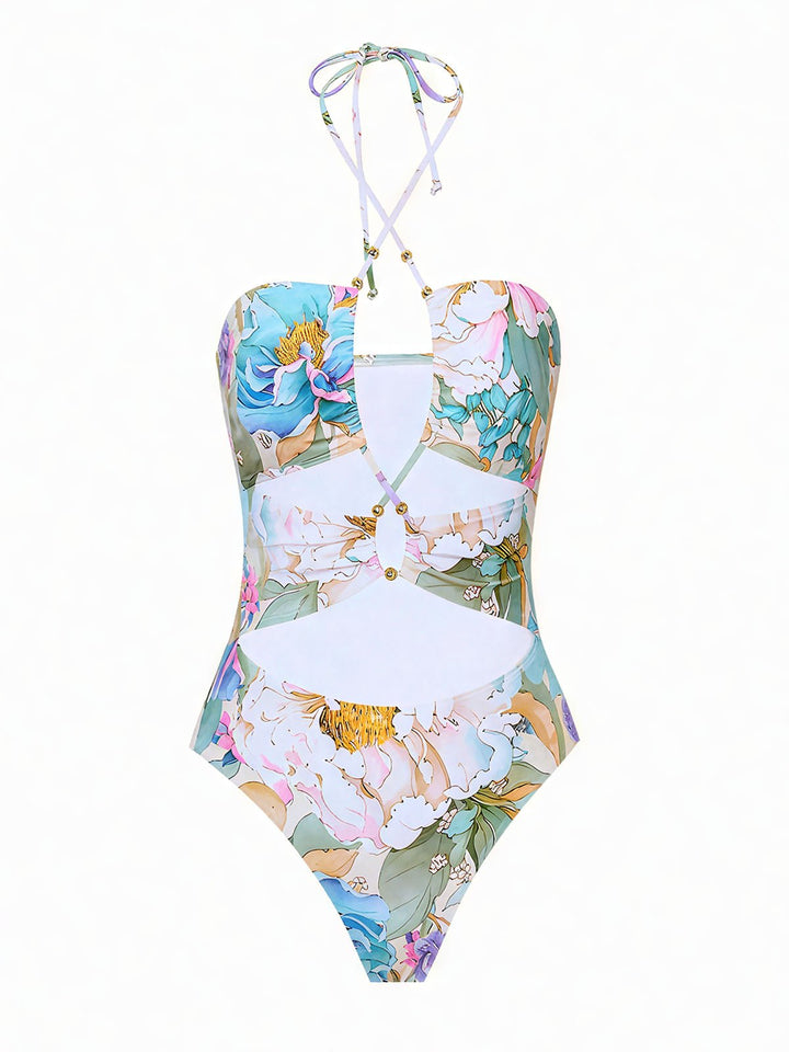 Halter Neck Belted One-Piece Swimsuit