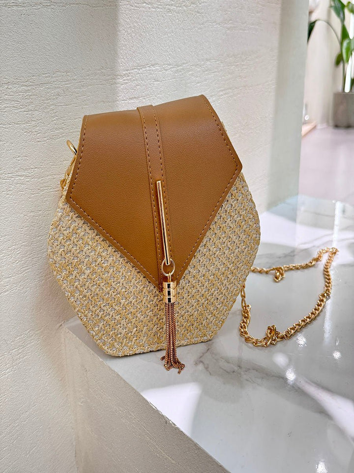 Hexagon Straw & leather Handbag