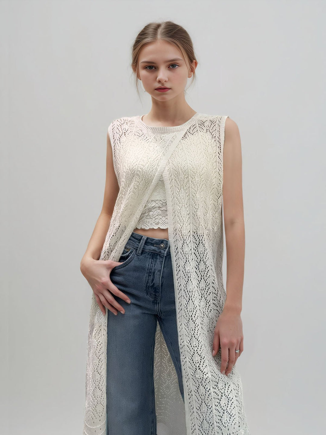 Hollow-out Knitted Slit Top
