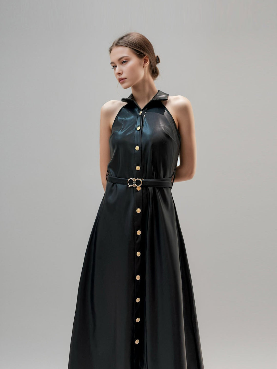 Lapel Stitching Leather Dress
