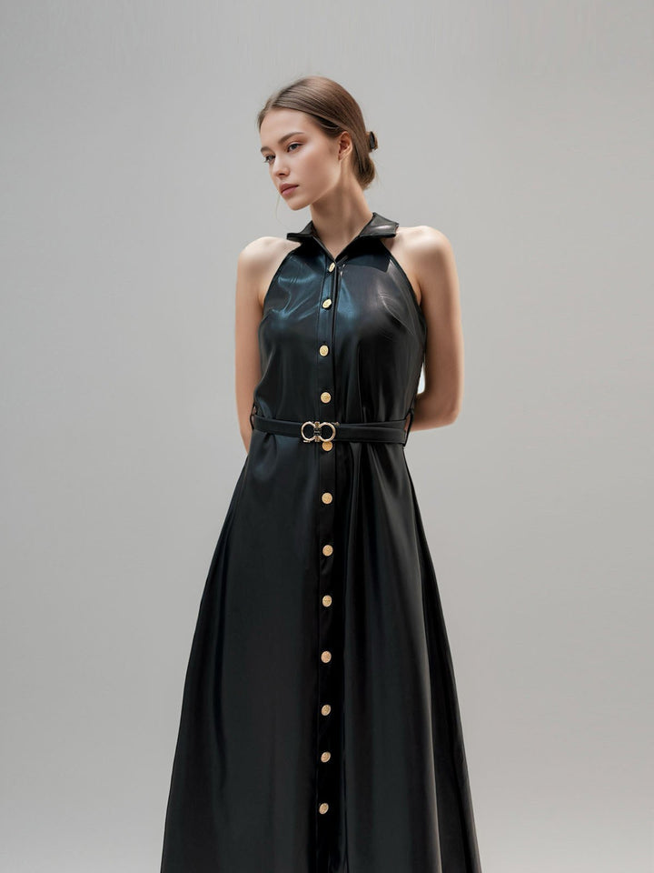 Lapel Stitching Leather Dress