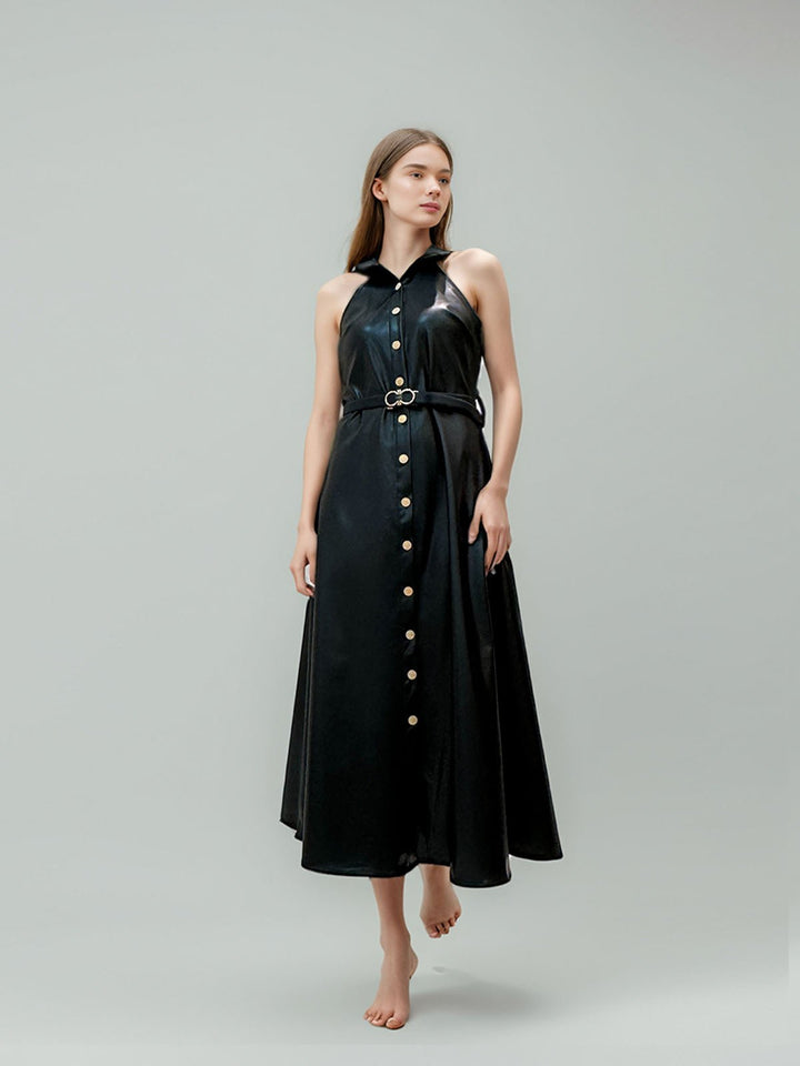 Lapel Stitching Leather Dress
