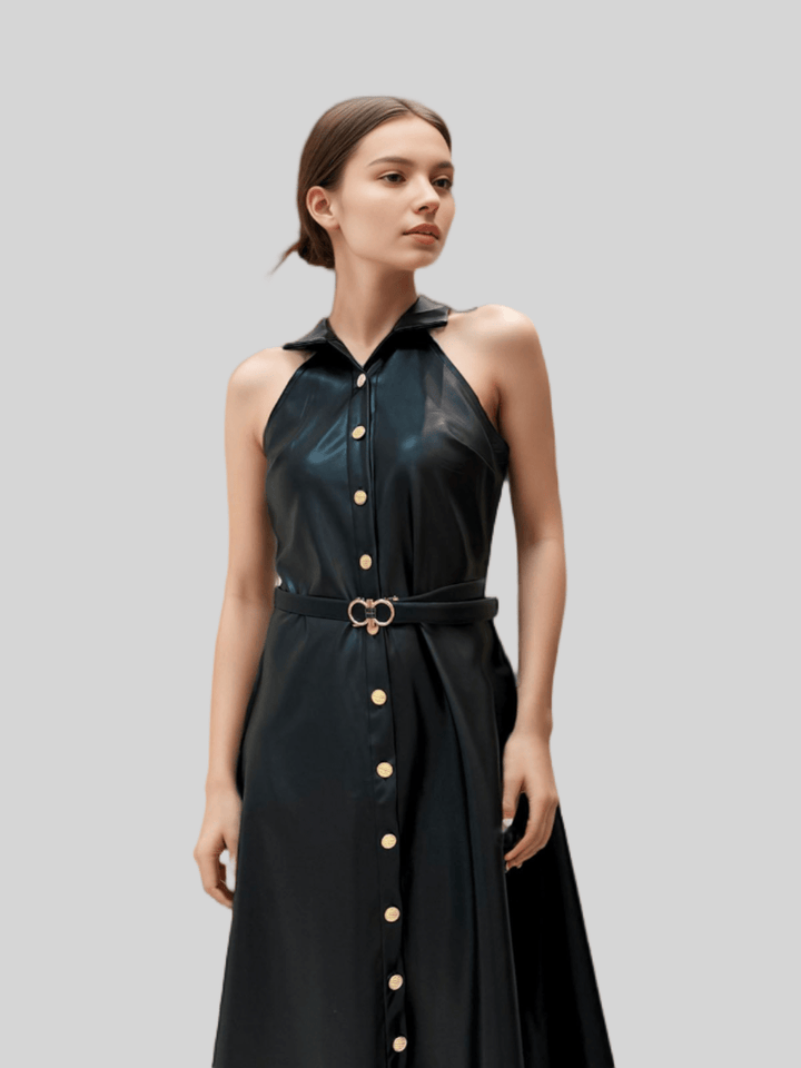 Lapel Stitching Leather Dress