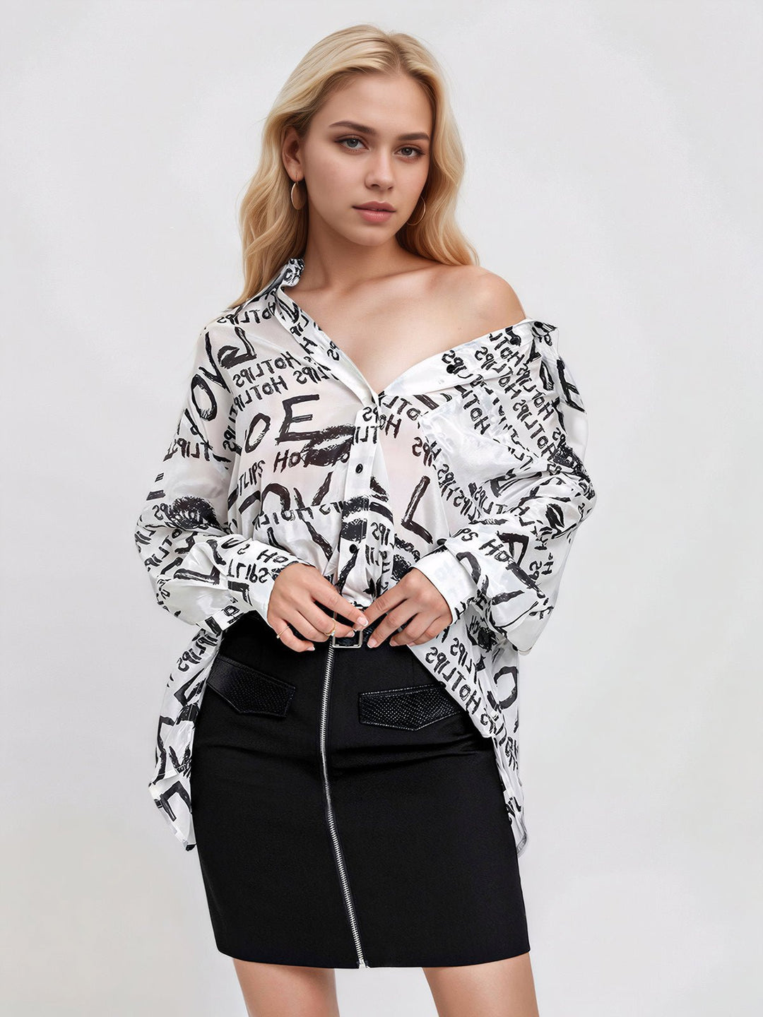 Letter Print Button Front Shirt