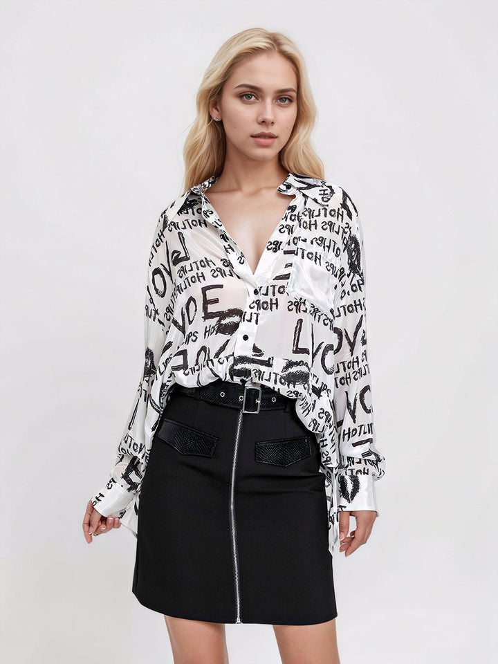 Letter Print Button Front Shirt