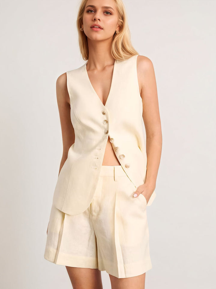 Linen & Cotton Button Sleeveless Shorts Set
