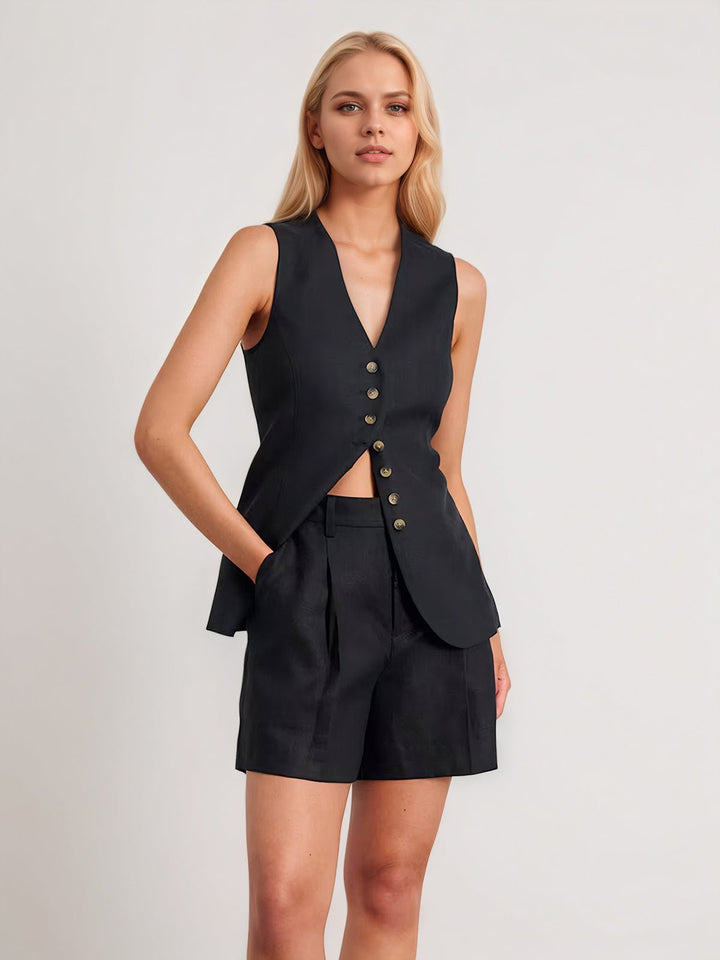 Linen & Cotton Button Sleeveless Shorts Set
