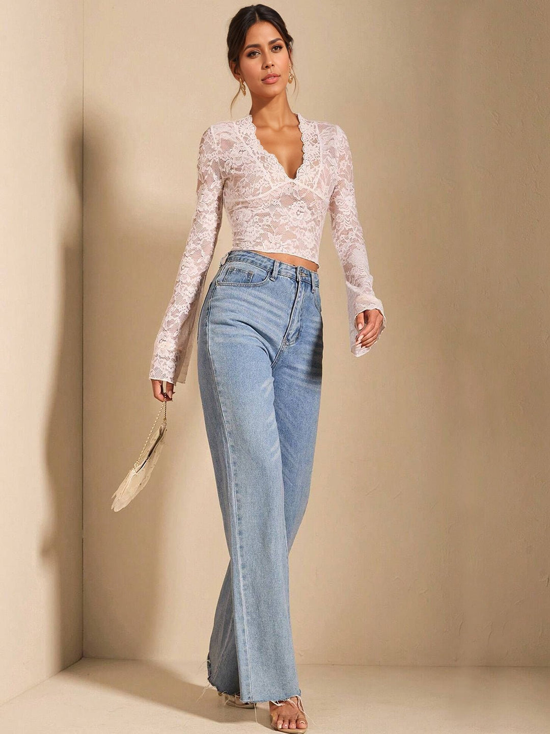 Low Cut Floral Lace Slim Fit Shirt