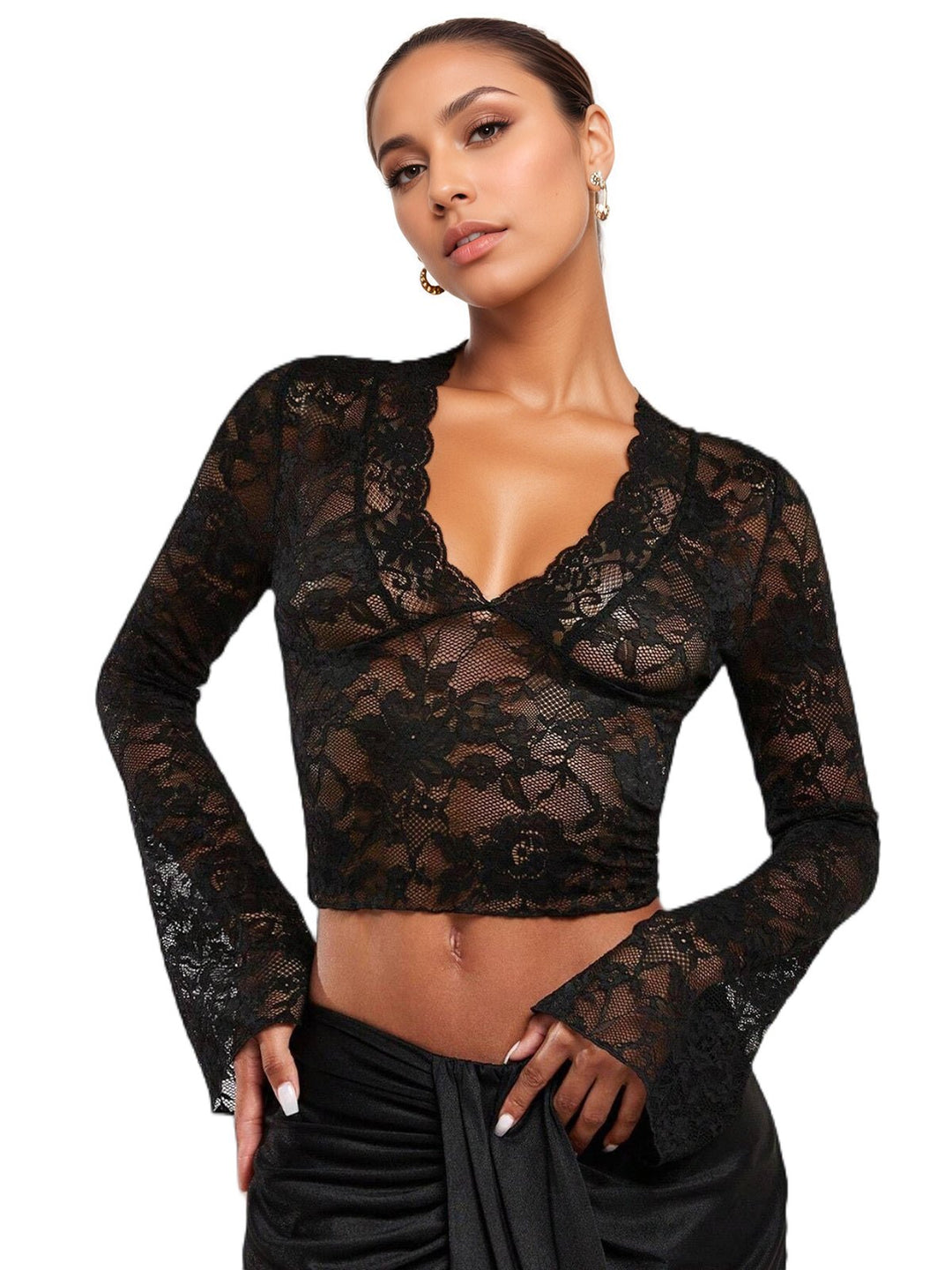 Low Cut Floral Lace Slim Fit Shirt