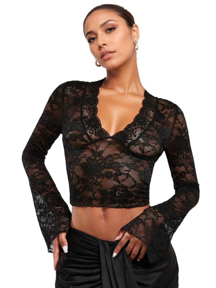 Low Cut Floral Lace Slim Fit Shirt