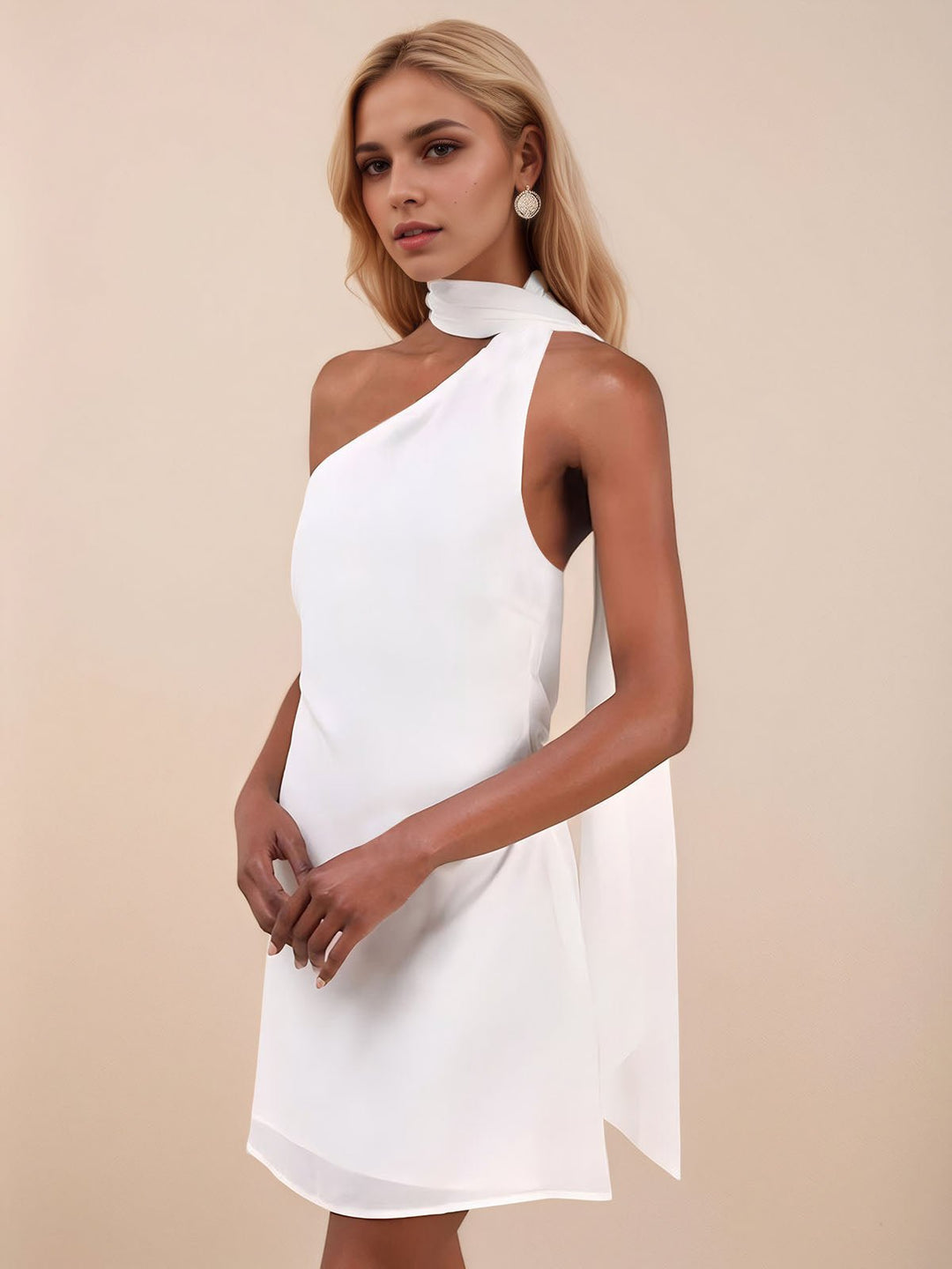One-Shoulder Backless Sash Mini Dress