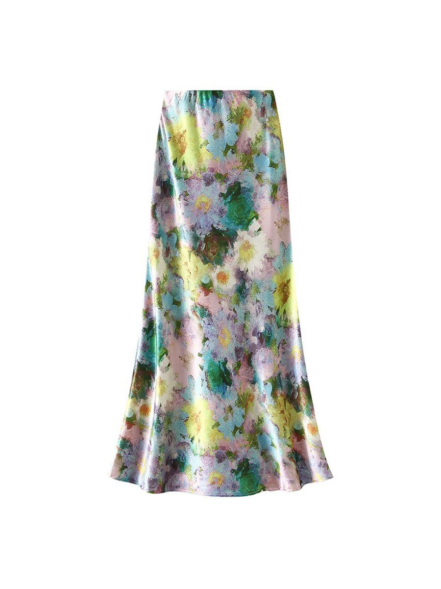 Pastel Floral Satin Midi Skirts