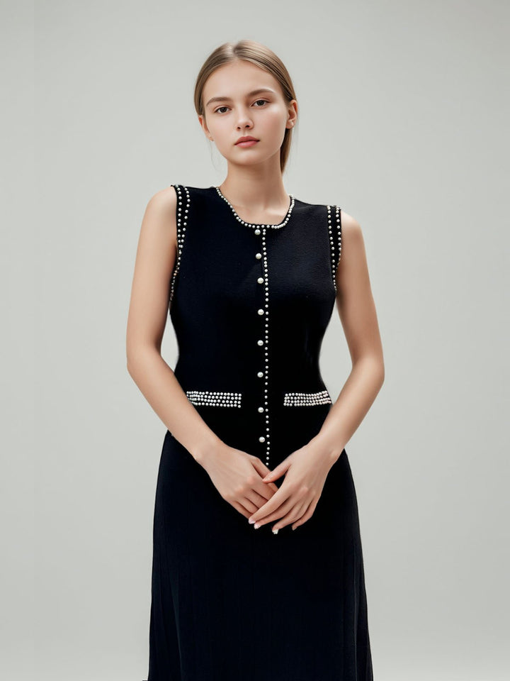 Pearl Decoration Pleated Knit Dress