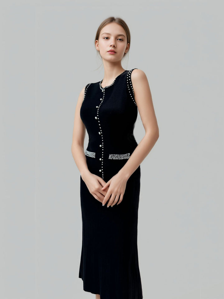 Pearl Decoration Pleated Knit Dress