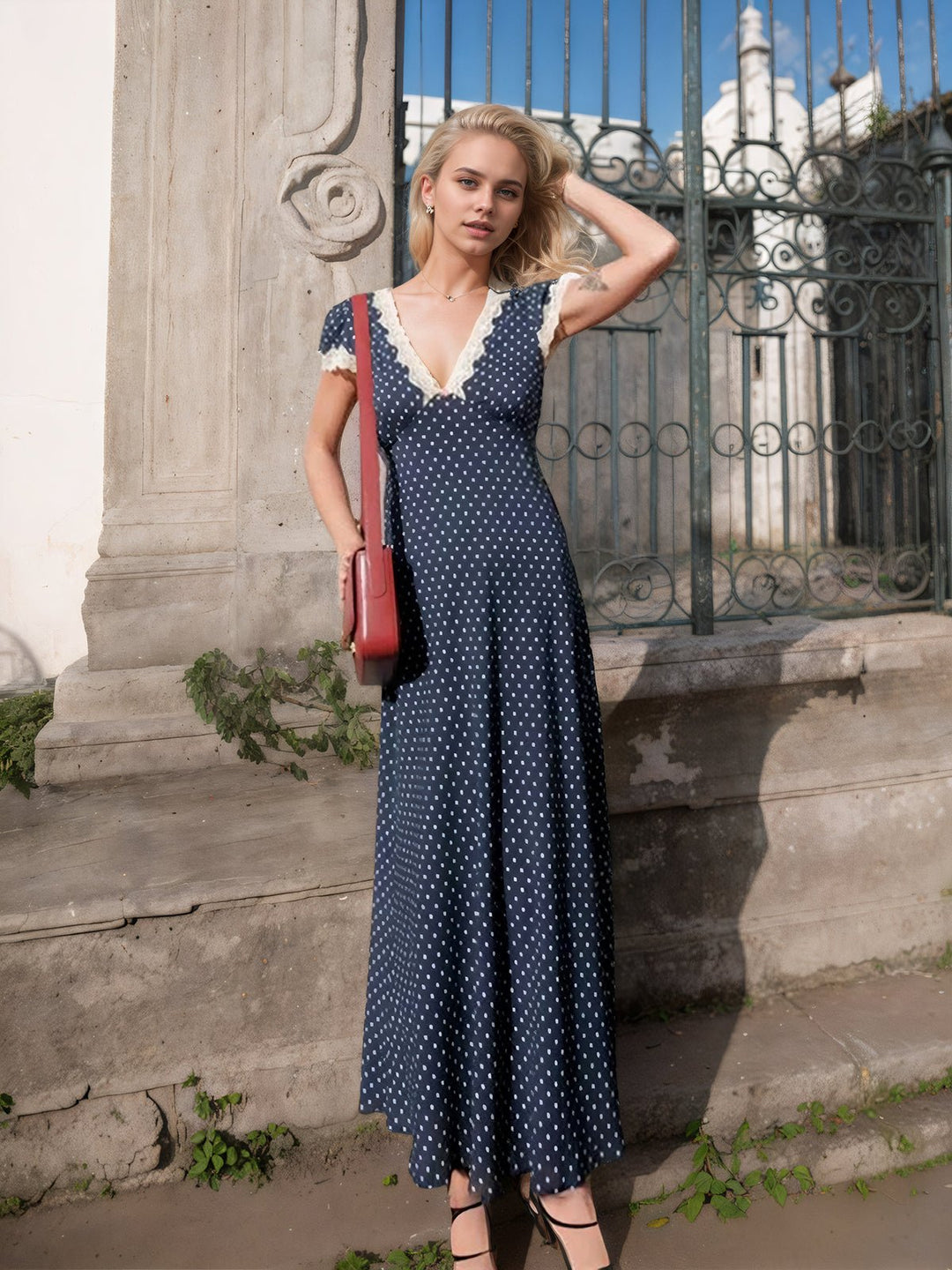 Polka Dot Lace-Trim Dress