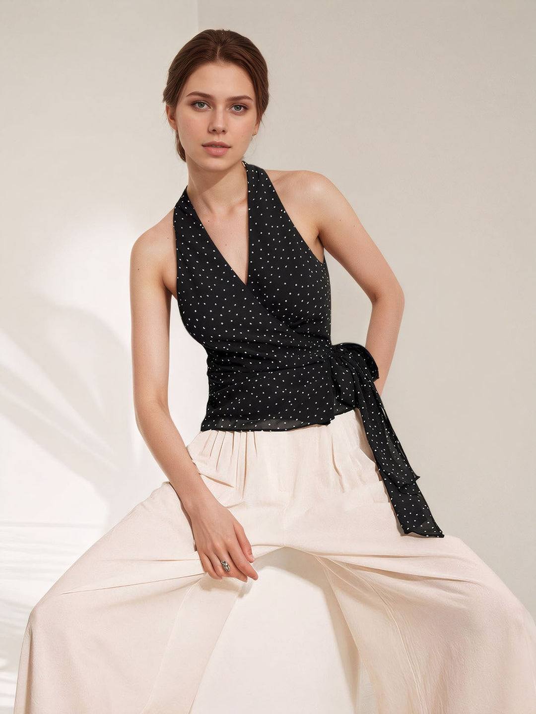 Polka Dot Print Pleated Top