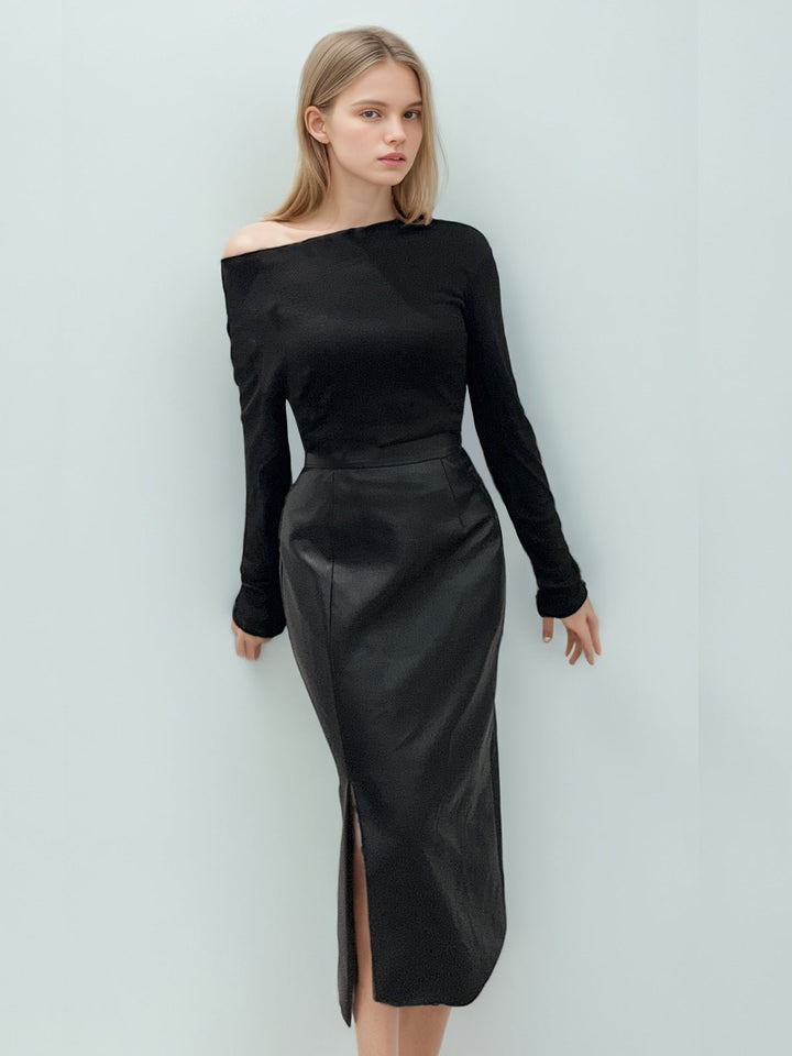 PU Leather Slit Skirt