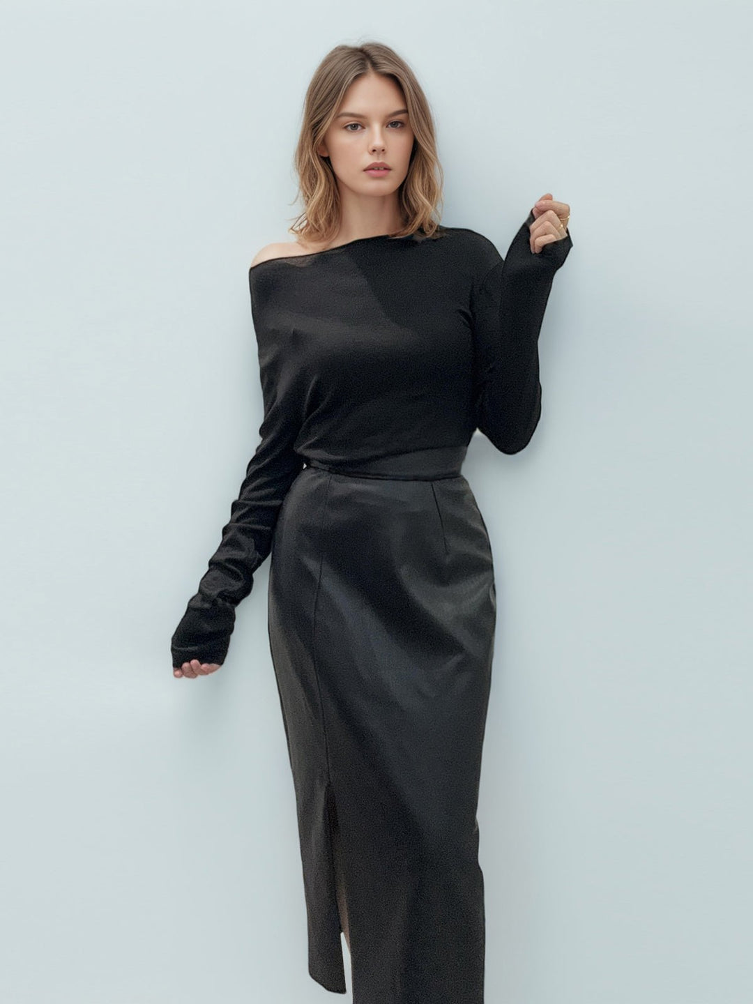 PU Leather Slit Skirt