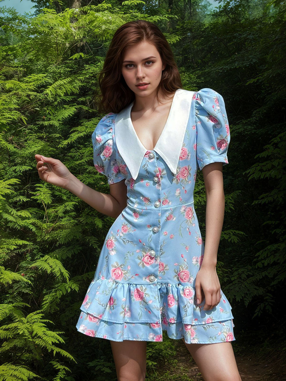 Summer  Puff Sleeve Single Breasted Mini Dress HONEEAR