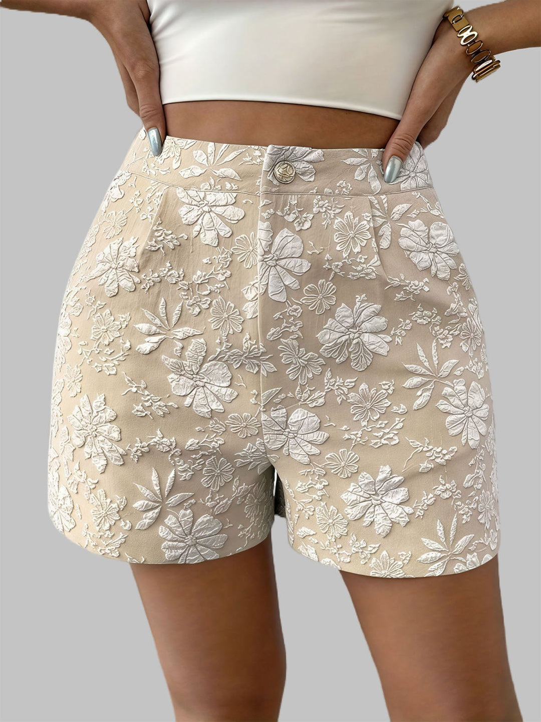 Pure Color Floral Embroidery Shorts