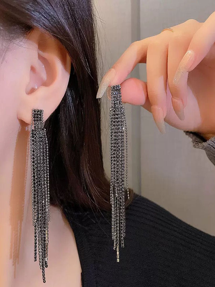 Rhinestone Long Fringe Dangle Earrings