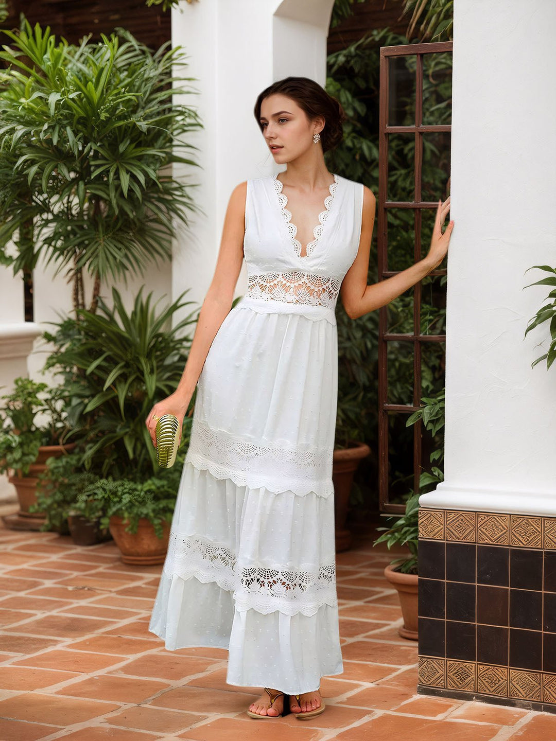 Semi-Sheer Lace Trim V-Neck Dress