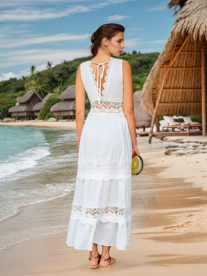 Semi-Sheer Lace Trim V-Neck Dress