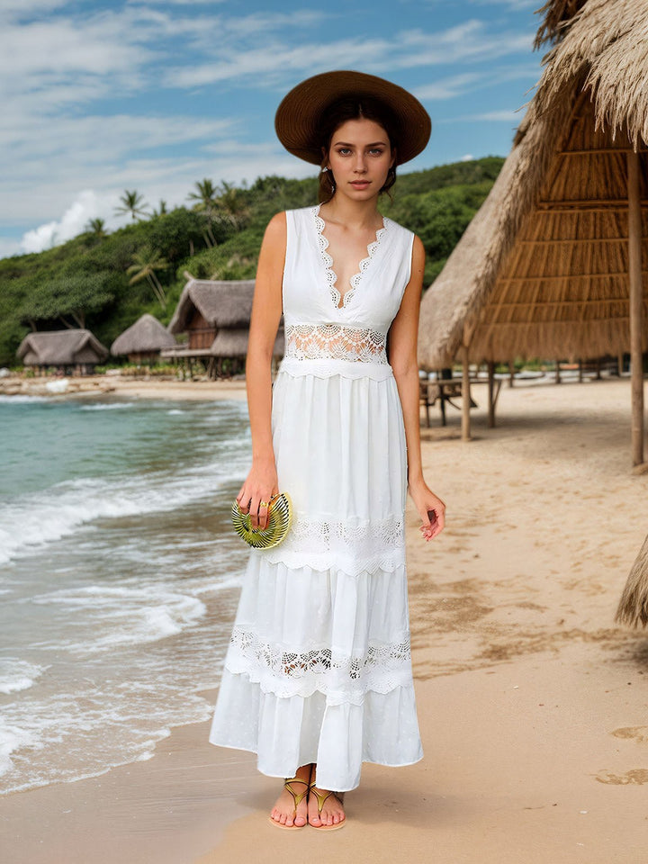Semi-Sheer Lace Trim V-Neck Dress