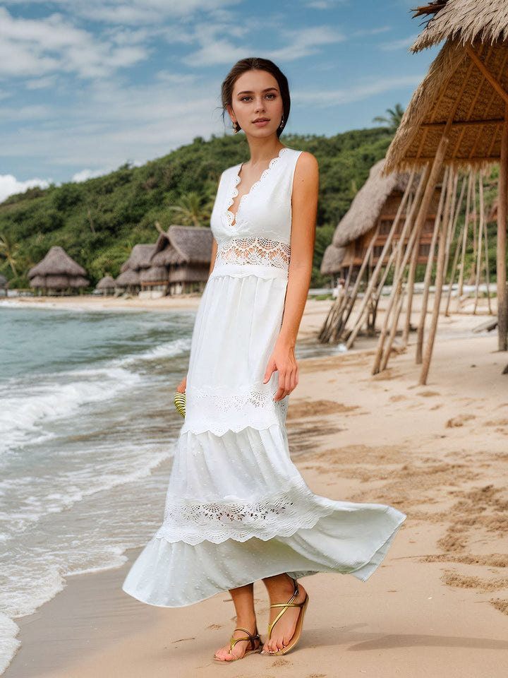 Semi-Sheer Lace Trim V-Neck Dress