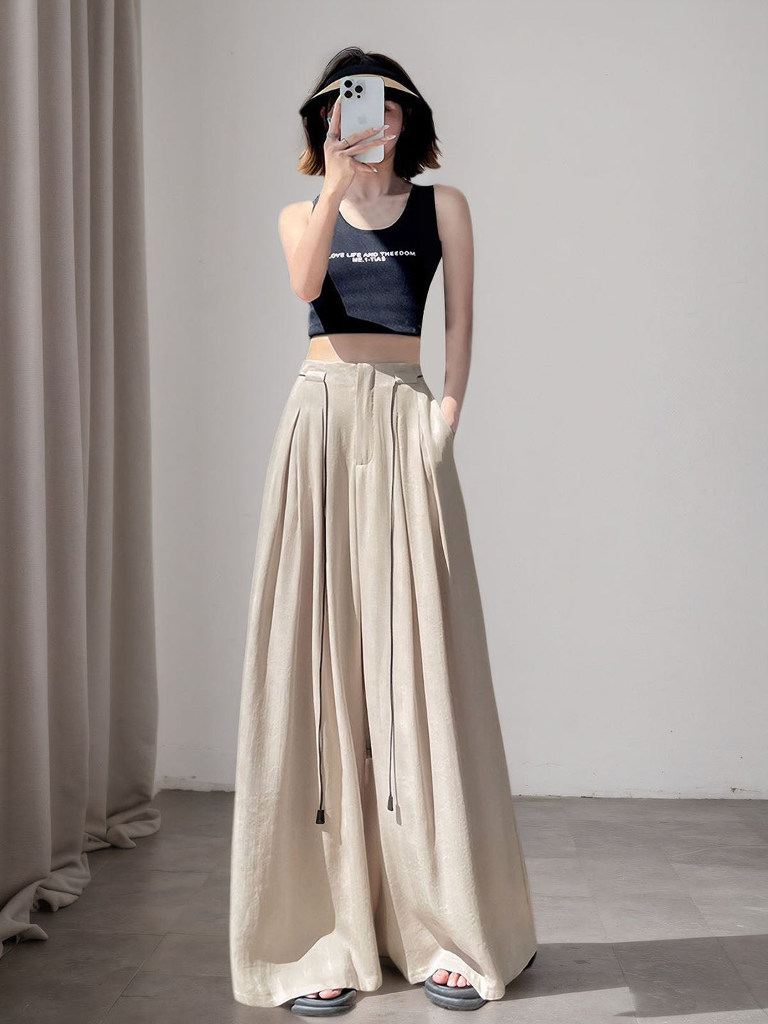 Shirring Lace-up Loose Pants