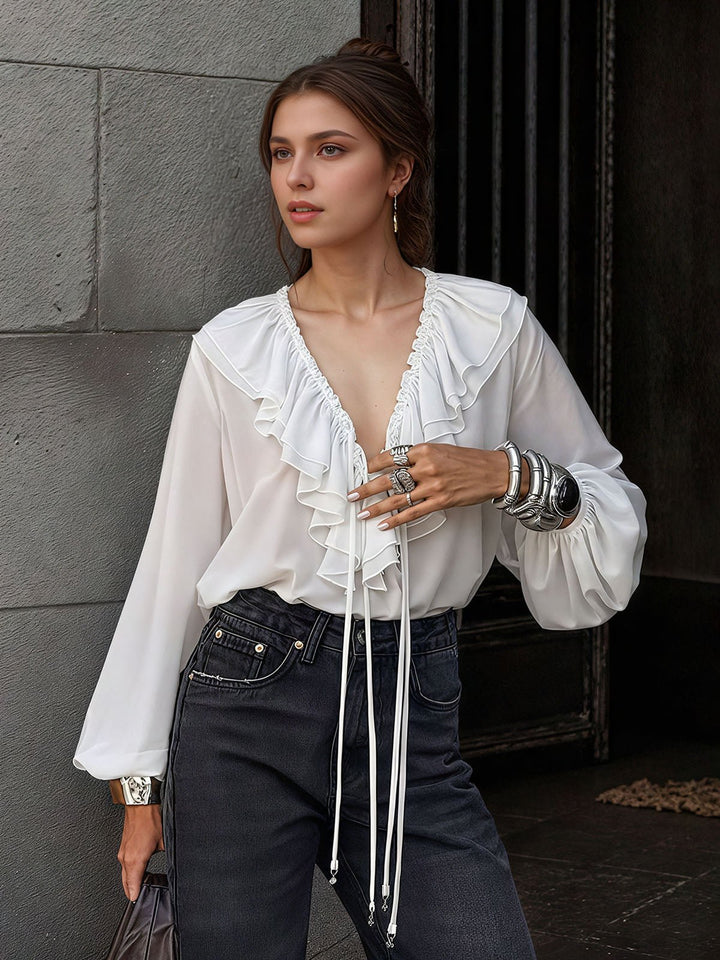 Solid Ruffles Full Sleeve Chiffon Shirt
