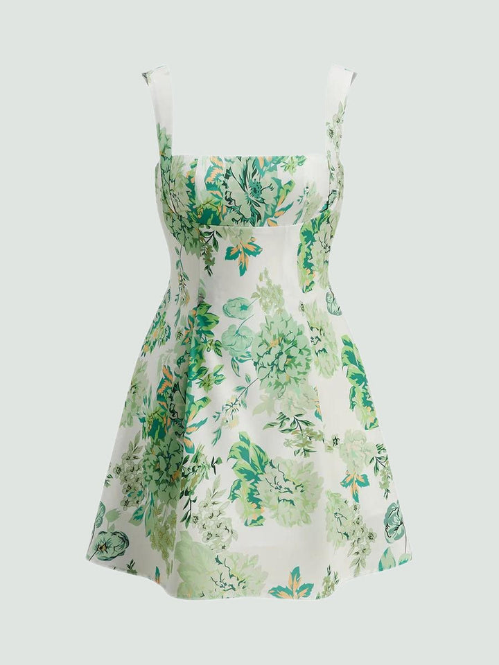 Square Neck Backless Bow Floral Dress