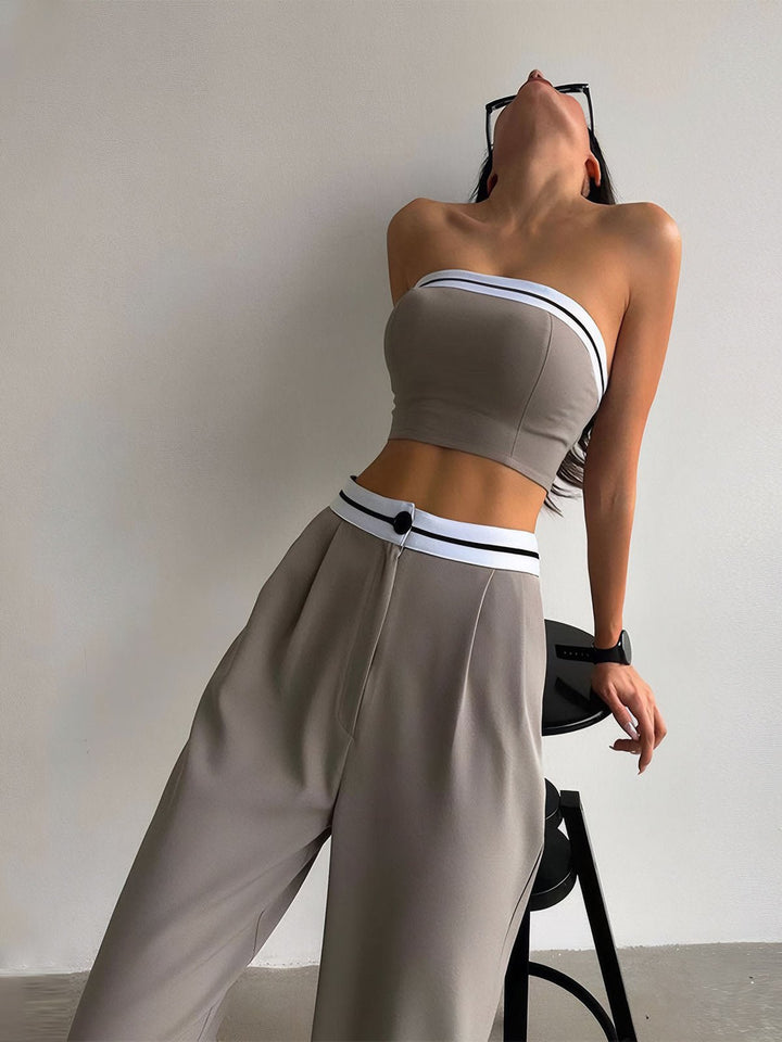 Tube Top Two Piece Contrast Waistband Pants Set