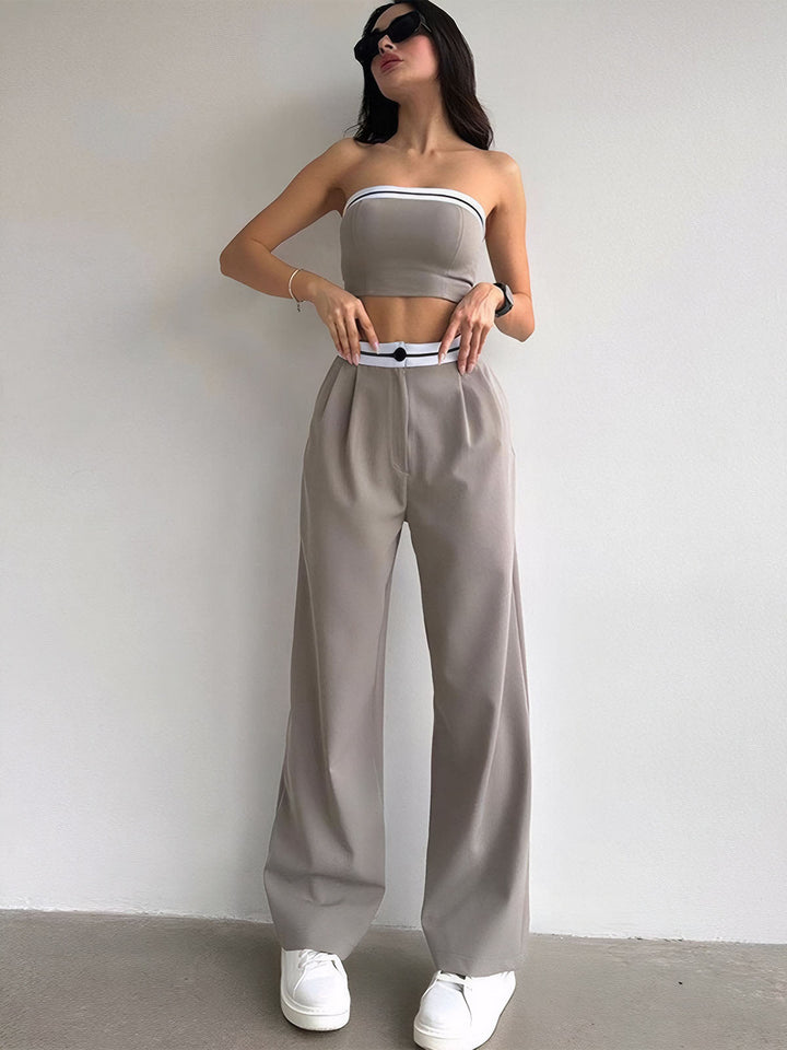 Tube Top Two Piece Contrast Waistband Pants Set