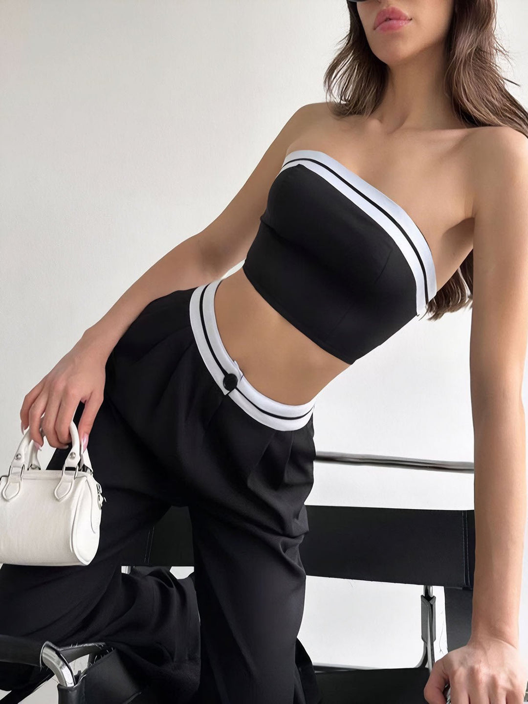Tube Top Two Piece Contrast Waistband Pants Set