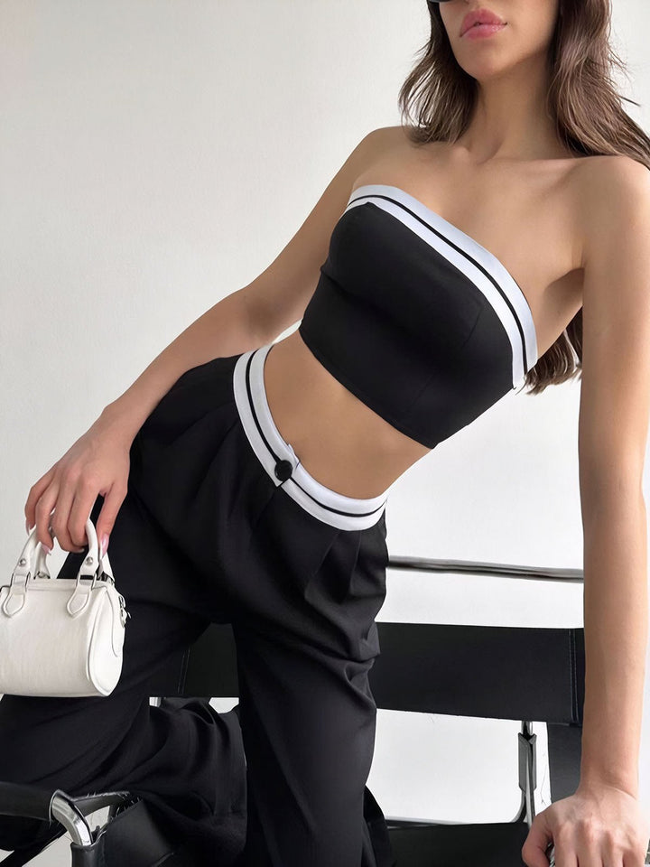 Tube Top Two Piece Contrast Waistband Pants Set