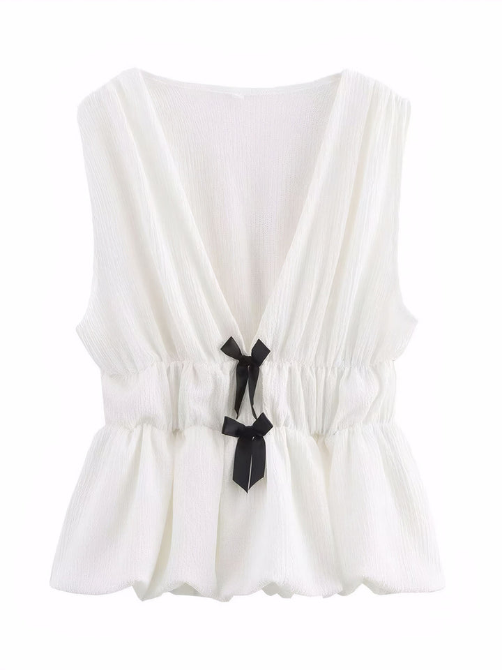 V-Neck Bow Patchwork Tanks