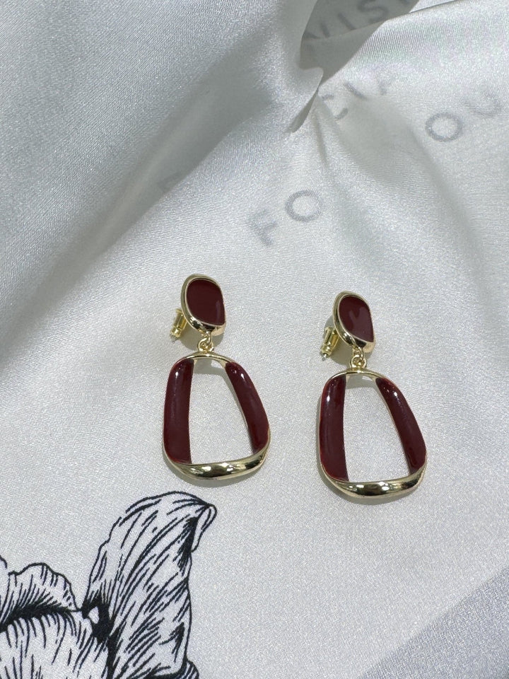Wine Red Geometric Hanging Earrings
