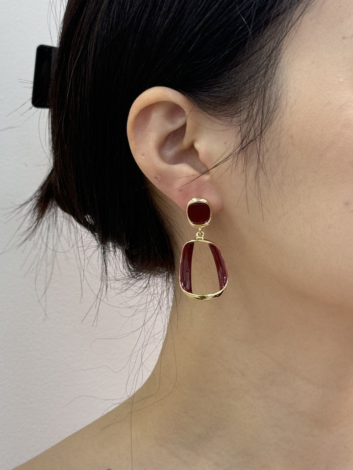 Wine Red Geometric Hanging Earrings