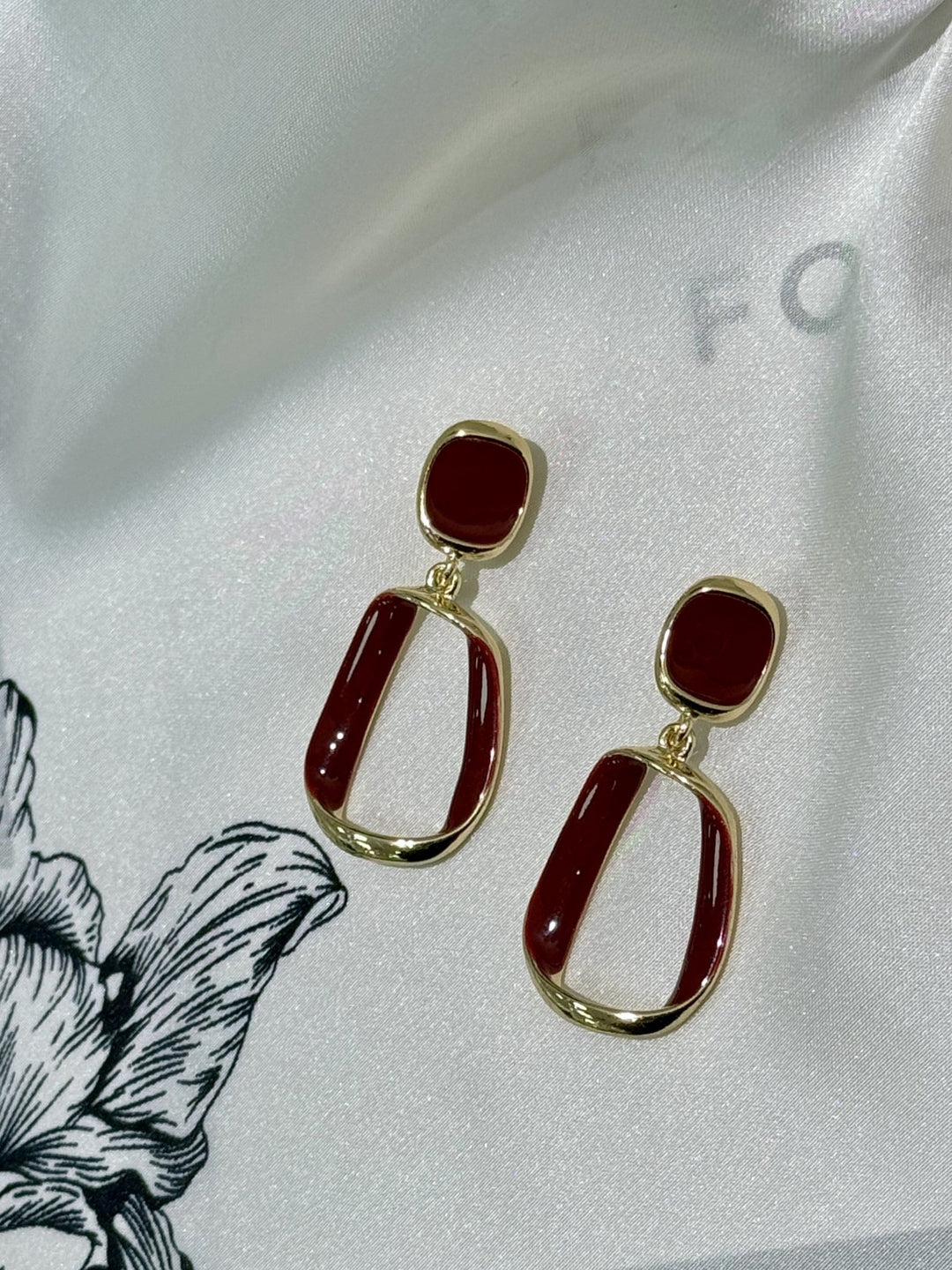 Wine Red Geometric Hanging Earrings
